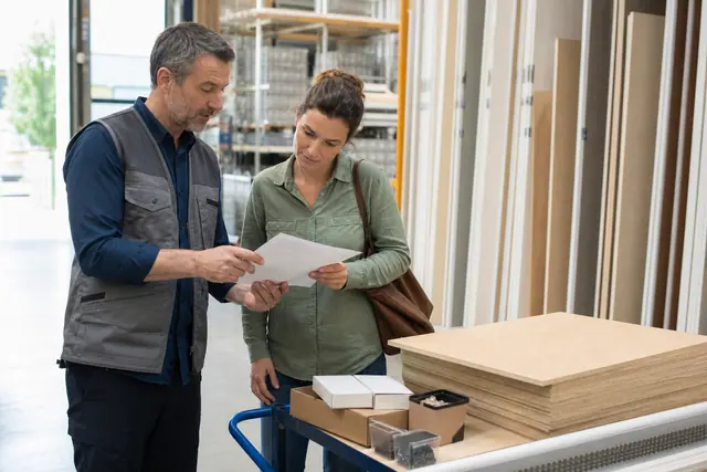 Client et conseiller vérifient des panneaux disponibles dans un magasin local.