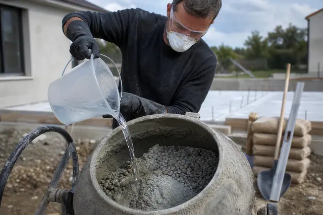 Bricoleur dosant l’eau dans une bétonnière pour préparer un béton homogène.
