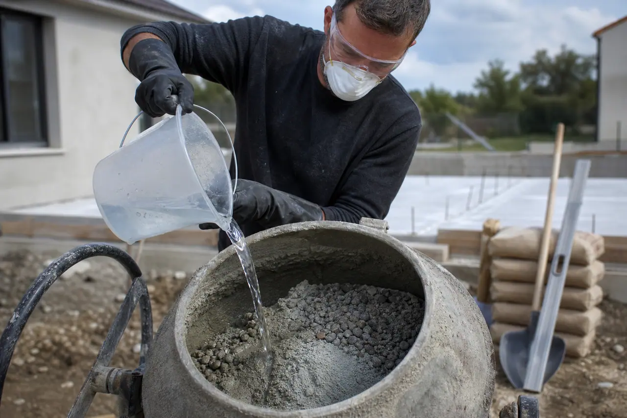 Bricoleur dosant l’eau dans une bétonnière pour préparer un béton homogène.