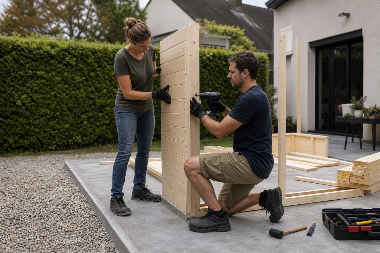 Montage d’un abri en bois sur dalle béton dans un jardin