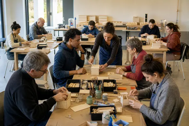 Participants assemblant des boîtes de rangement lors d’un atelier bricolage collectif sécurisé.