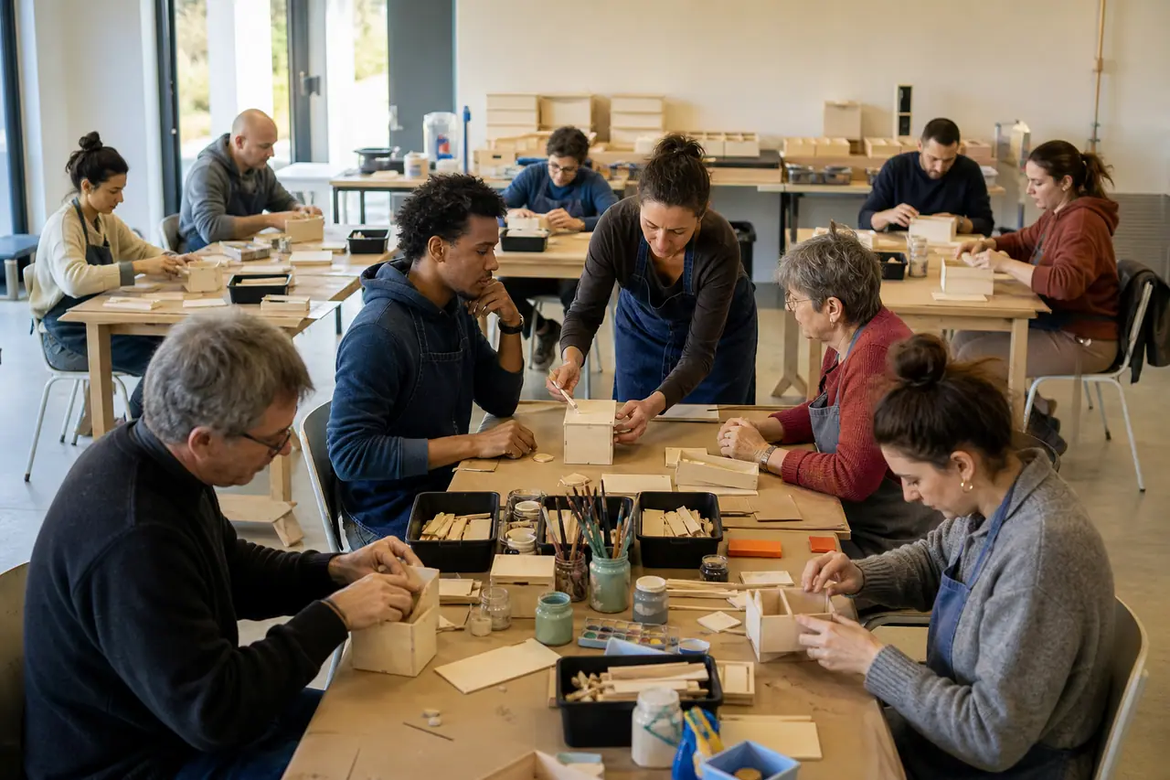 Participants assemblant des boîtes de rangement lors d’un atelier bricolage collectif sécurisé.