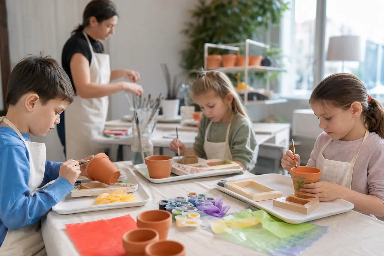 Enfants décorant des pots en terre cuite autour de postes de travail protégés