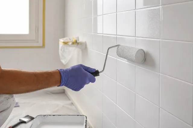 Application au rouleau d’une peinture satinée sur faïence murale préparée.