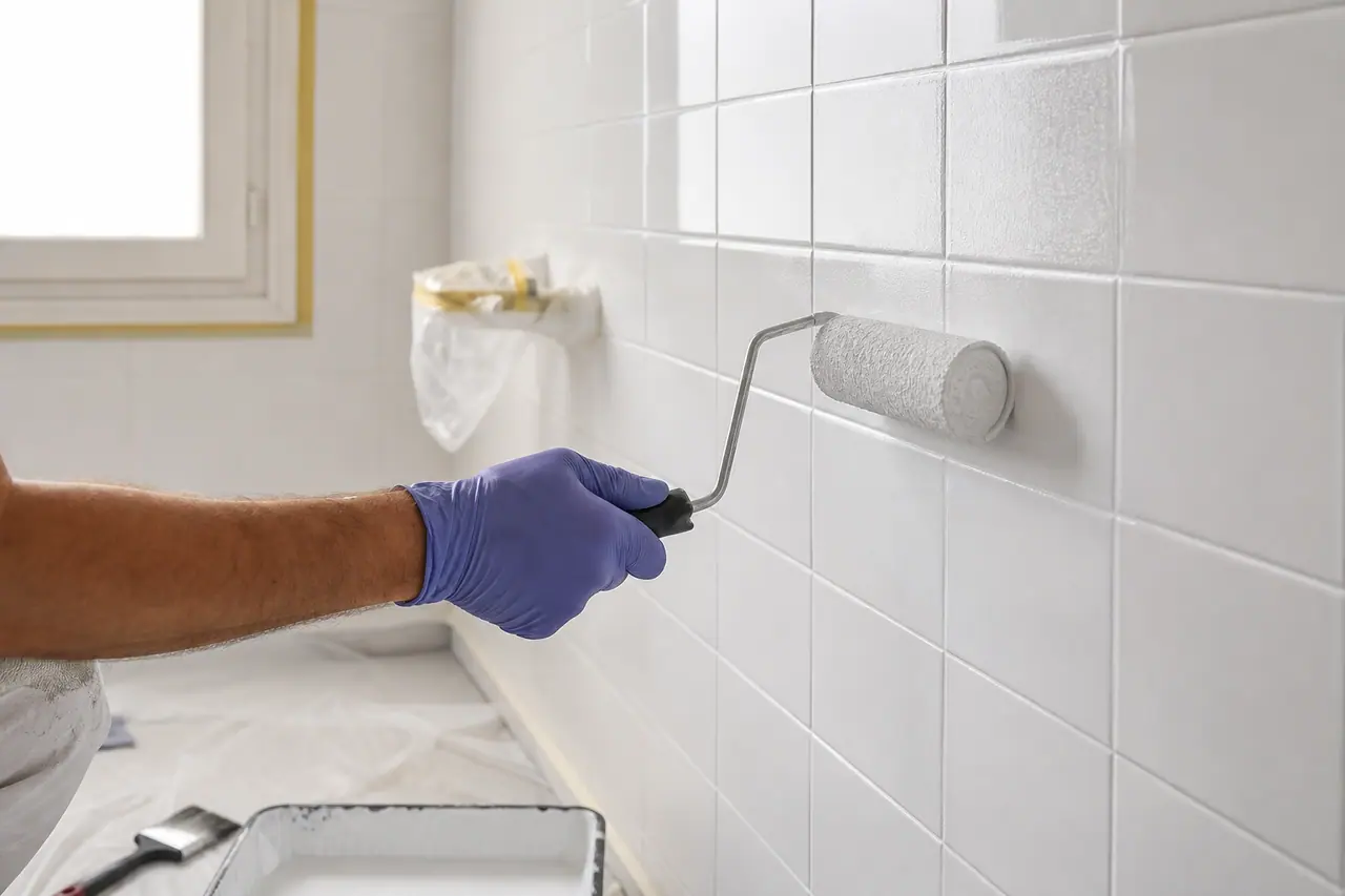 Application au rouleau d’une peinture satinée sur faïence murale préparée.