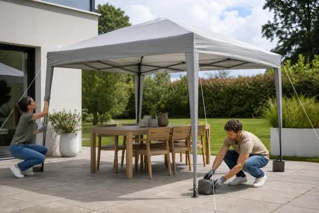 Deux personnes arriment une tonnelle pliable sur une terrasse de jardin.