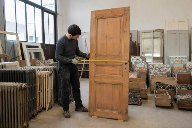 Personne mesurant une porte en bois dans une ressourcerie de matériaux.