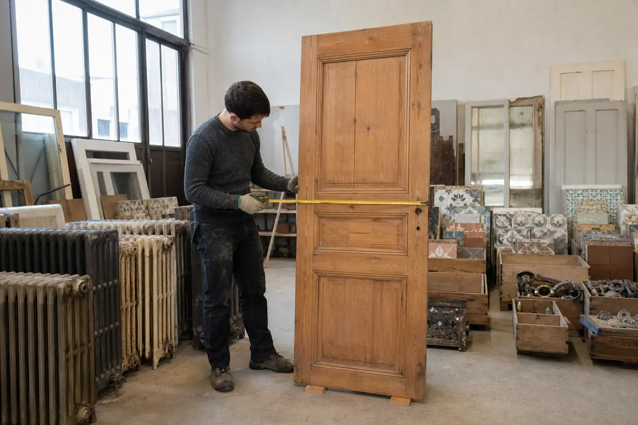 Personne mesurant une porte en bois dans une ressourcerie de matériaux.