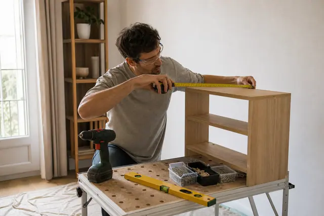 Bricoleur équipé mesurant une étagère sur un établi pliant bien rangé.