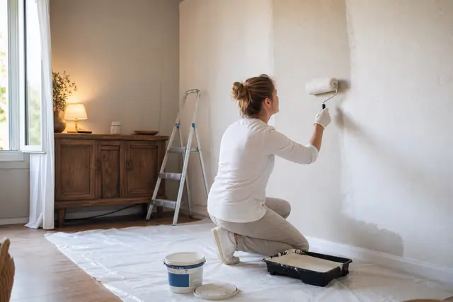 Personne repeignant un séjour lumineux avec meuble en bois relooké et bâche protectrice.