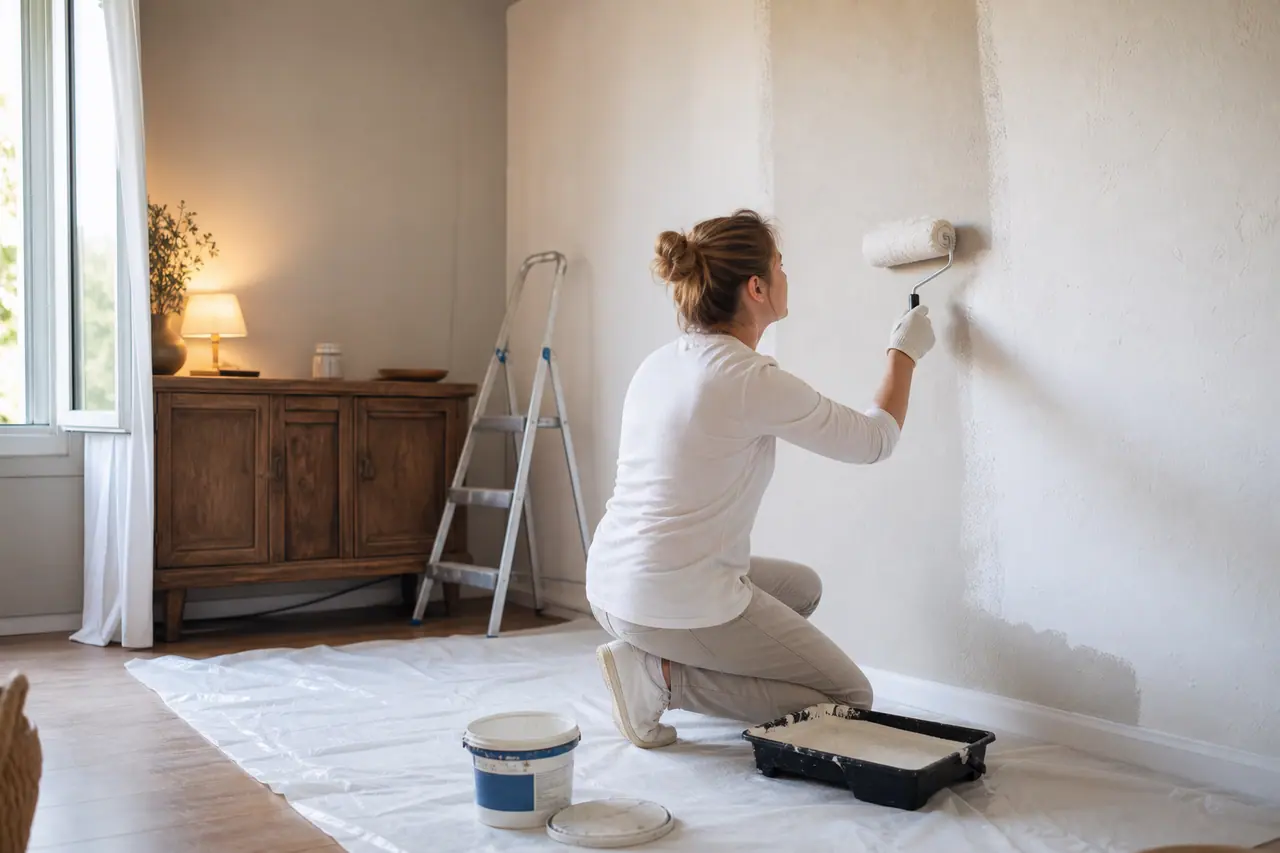 Personne repeignant un séjour lumineux avec meuble en bois relooké et bâche protectrice.