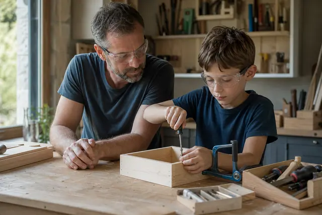 Enfant visssant une petite boîte en bois sous supervision parentale attentive.