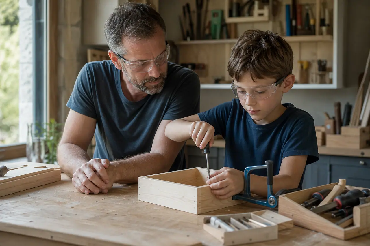 Enfant visssant une petite boîte en bois sous supervision parentale attentive.