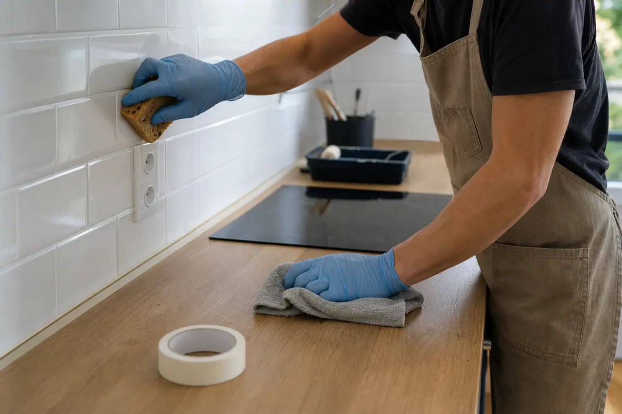 Préparation d’une crédence carrelée avant application d’une peinture de rénovation.