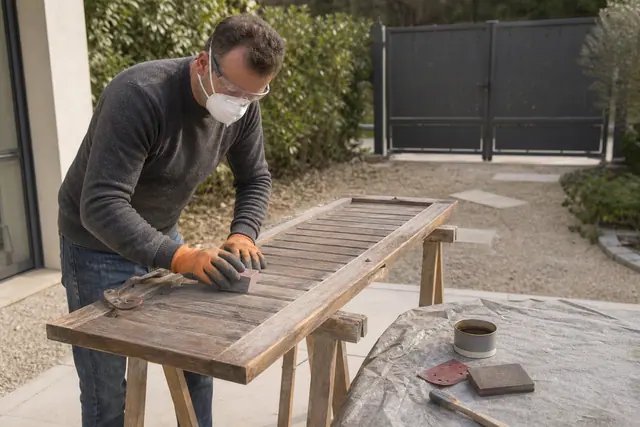 Propriétaire ponçant un volet en bois sur tréteaux dans son jardin.