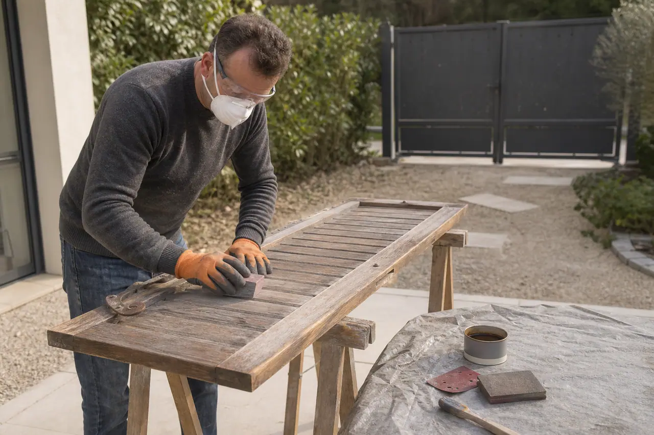 Propriétaire ponçant un volet en bois sur tréteaux dans son jardin.