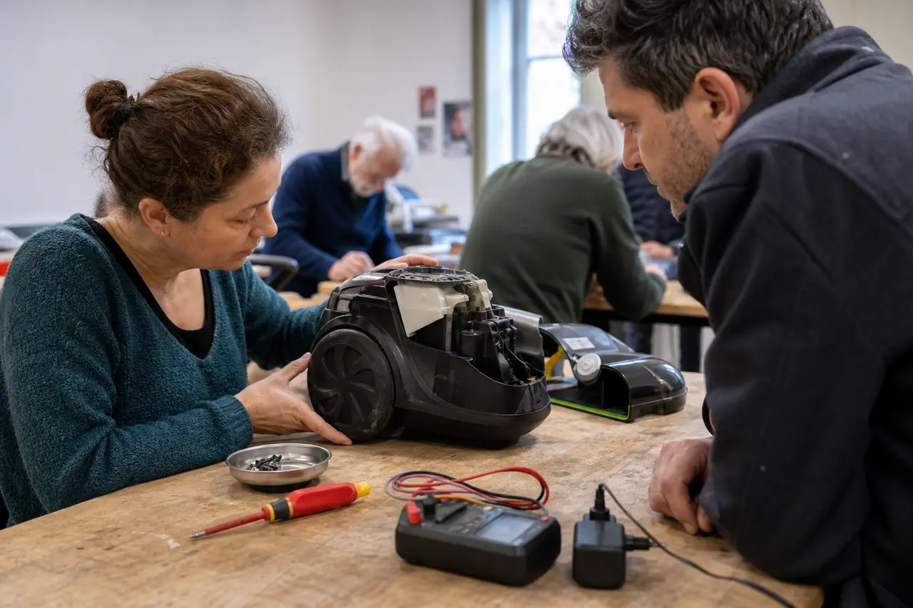 Bénévole et habitant examinent un petit appareil débranché sur un établi partagé.