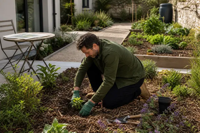 Jardinier débutant plante un arbuste dans un massif paillé et organisé.