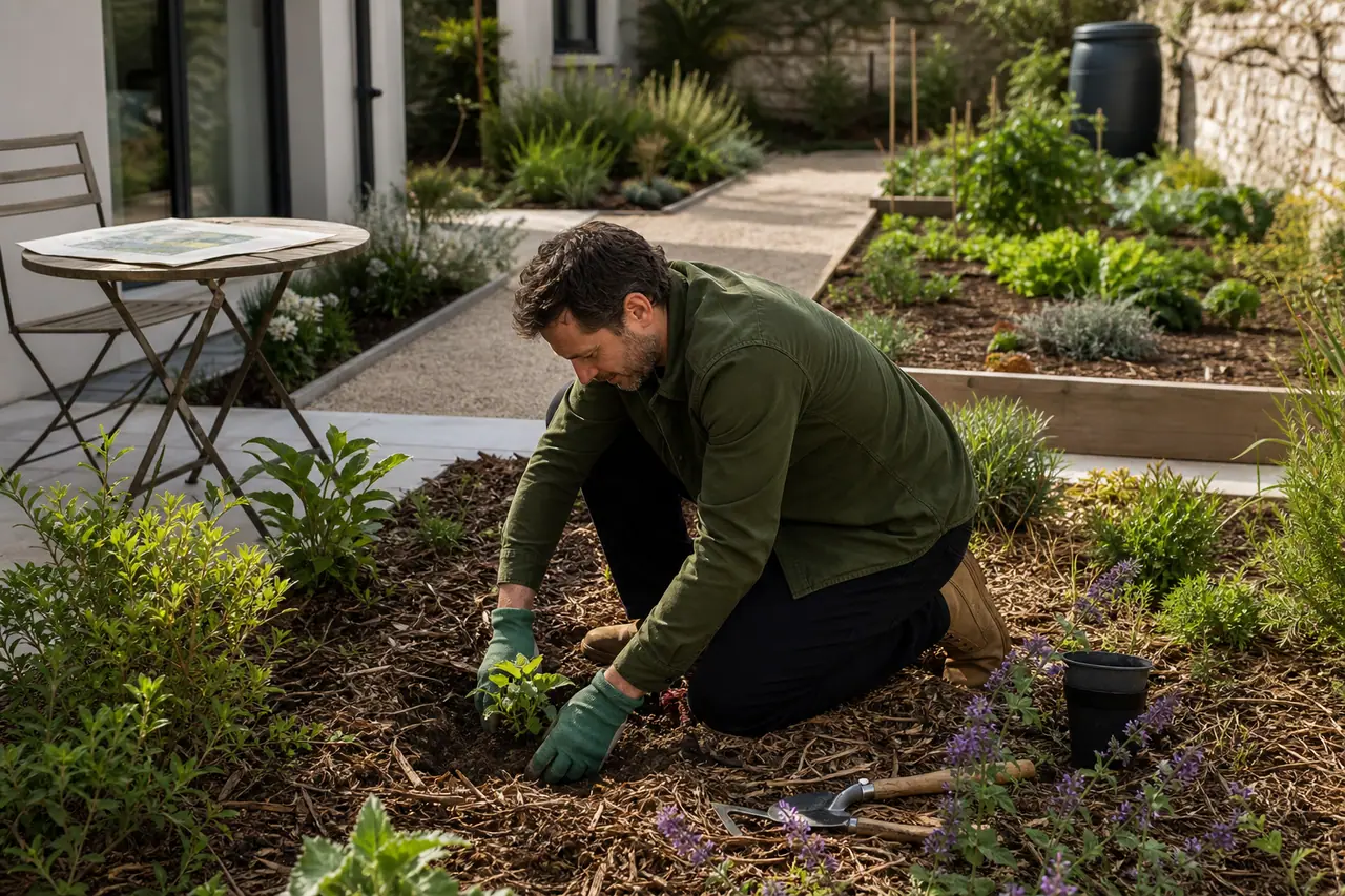 Jardinier débutant plante un arbuste dans un massif paillé et organisé.
