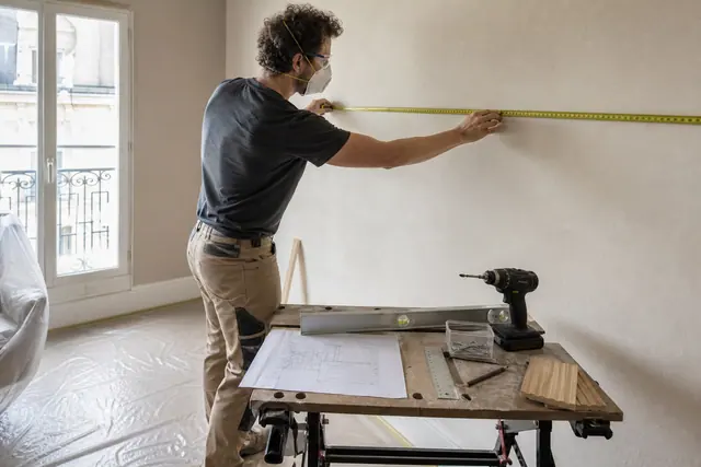 Bricoleur mesurant un mur avec outils rangés sur un établi protégé.