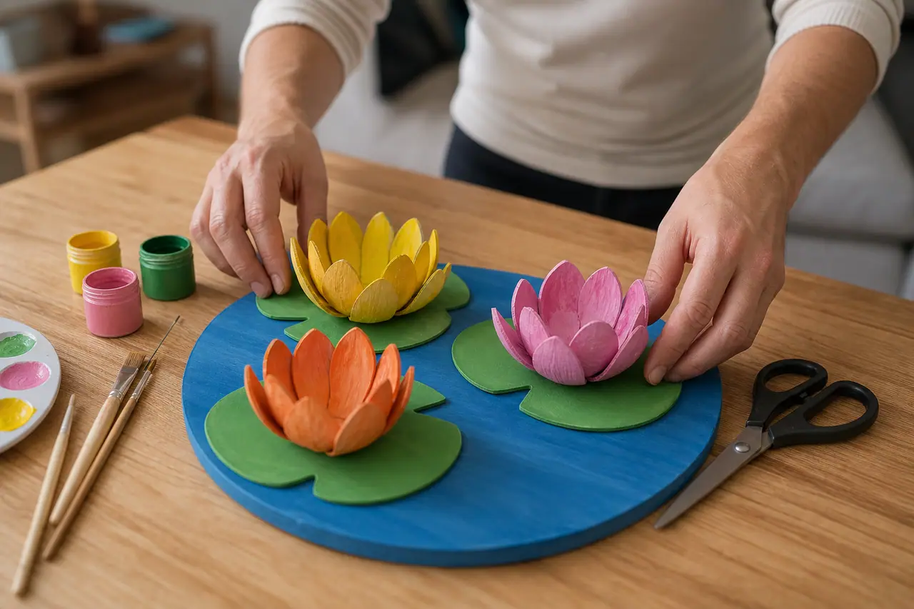 Nénuphars colorés en rouleaux de carton posés sur un faux bassin bleu.