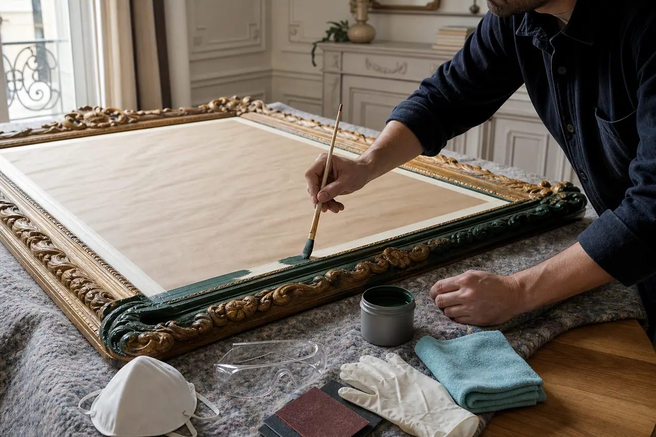 Restauration d’un cadre de miroir doré avec peinture appliquée sur les moulures.