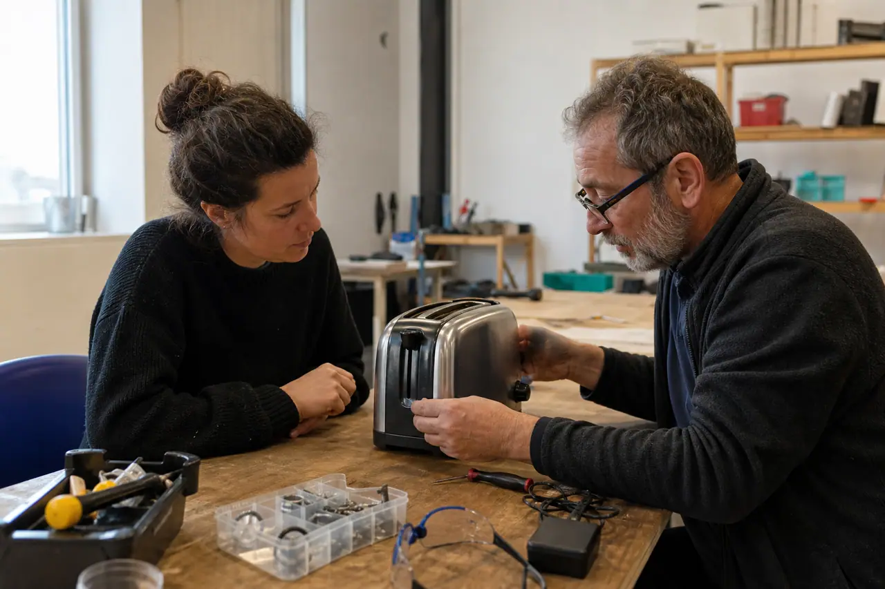 Bénévole et habitante diagnostiquant un grille-pain débranché sur une table d’atelier.