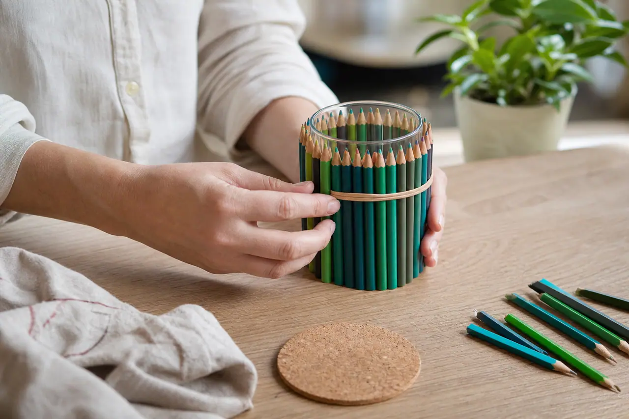 Cache-pot coloré en crayons autour d’un verre avec petite plante verte