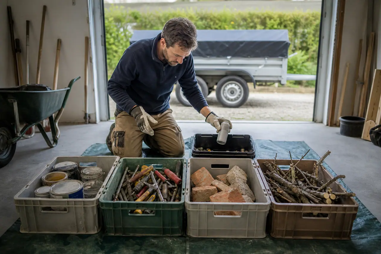 Tri séparé de peintures, gravats, outils et végétaux dans un garage.