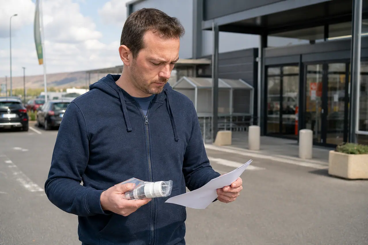 Client vérifiant une pièce de plomberie devant un magasin de bricolage.