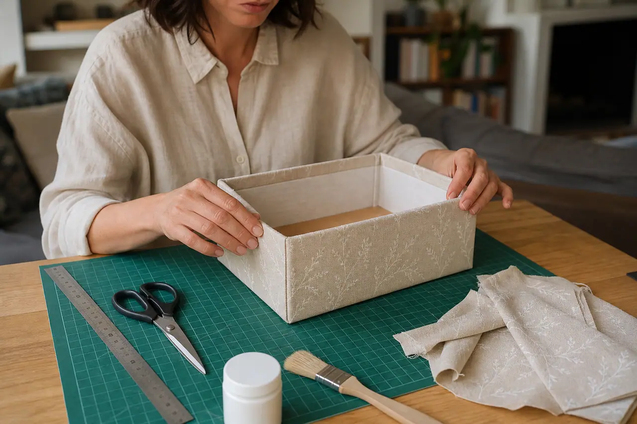 Boîte à chaussures habillée de tissu et renforcée pour ranger des accessoires.