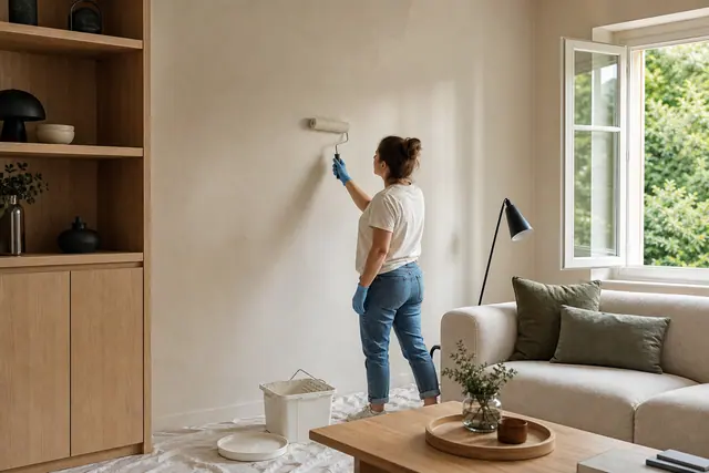 Mur ivoire dans un salon lumineux avec bois clair et textiles écrus.