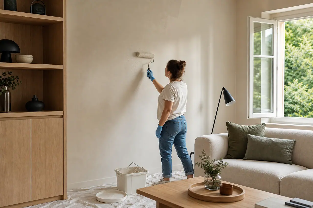 Mur ivoire dans un salon lumineux avec bois clair et textiles écrus.