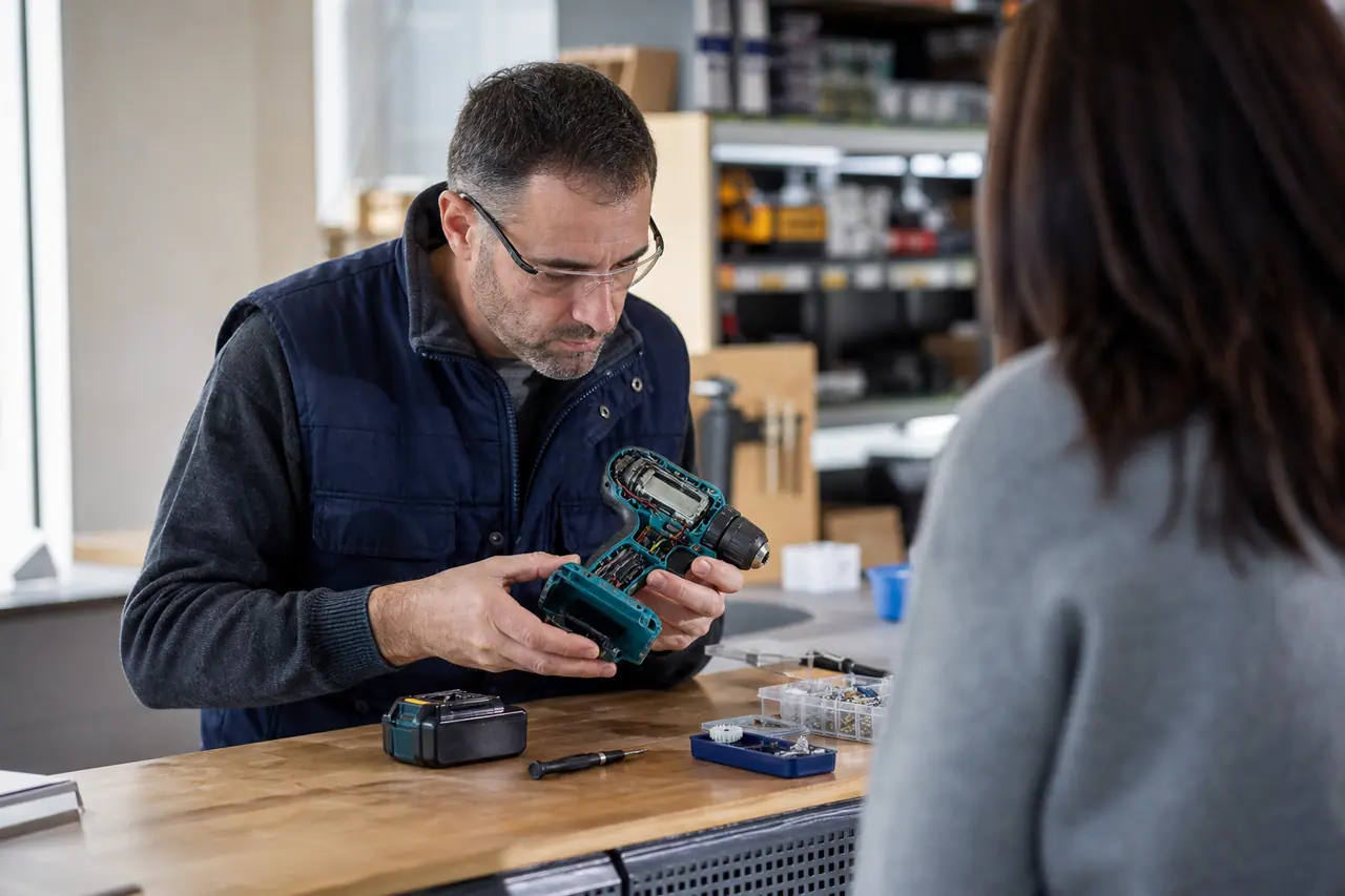 Technicien contrôlant une perceuse sans fil dans un atelier de réparation.