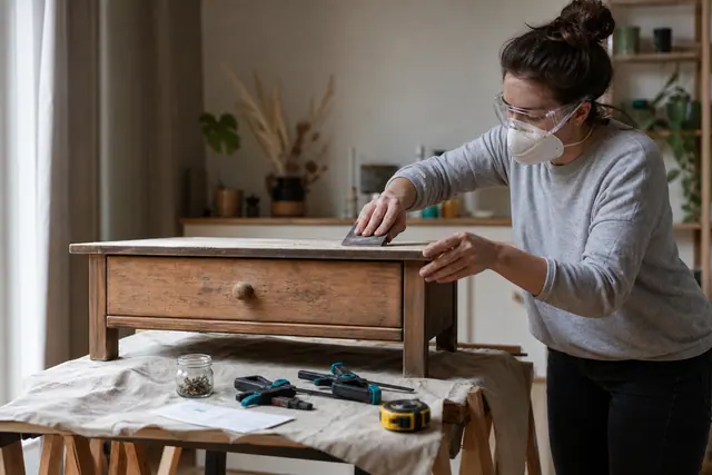 Particulier protégé rénovant un petit meuble en bois dans son appartement.
