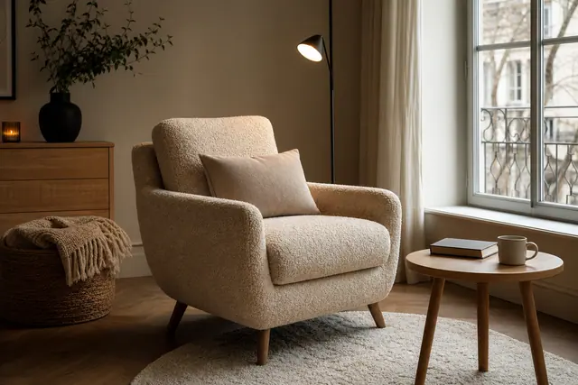 Fauteuil beige, lampe chaude et table en bois dans un coin salon apaisant.