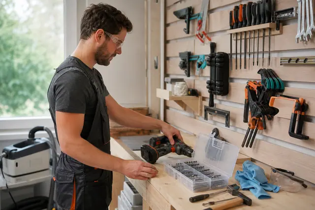 Bricoleur rangeant une perceuse et des mèches sur un établi organisé.