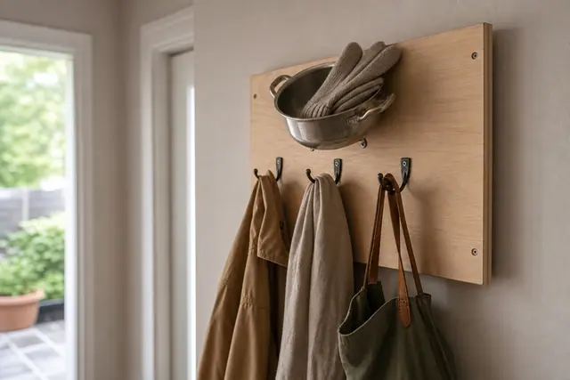 Casserole en inox fixée sur panneau bois avec crochets dans une entrée.