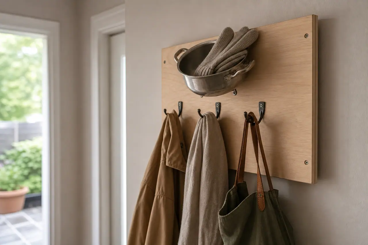 Casserole en inox fixée sur panneau bois avec crochets dans une entrée.