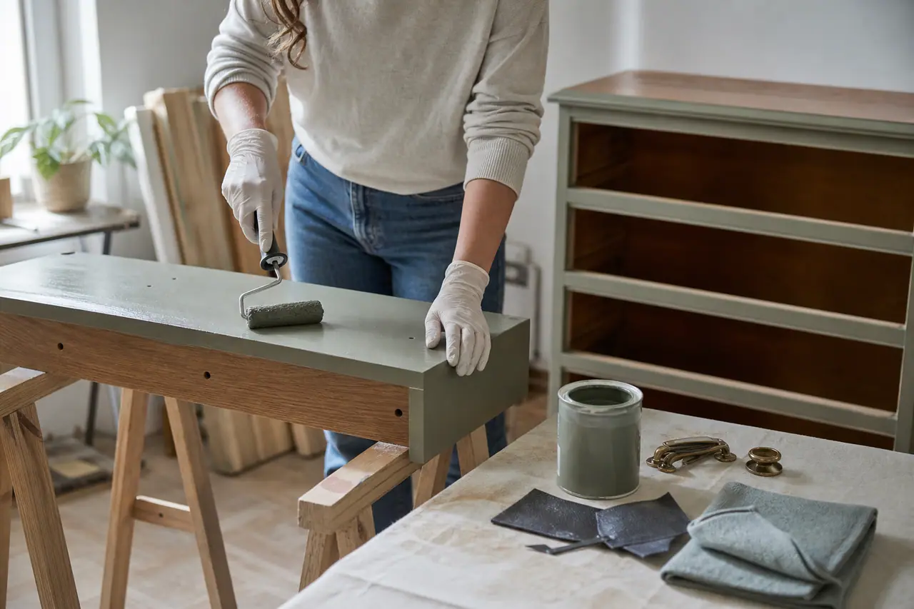 Une personne repeint les tiroirs d’une commode après une préparation soignée.