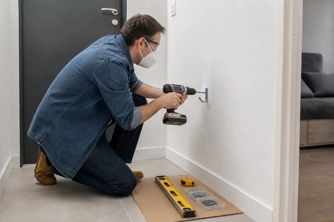 Bricoleur fixant une patère au mur avec niveau et visseuse protégée.
