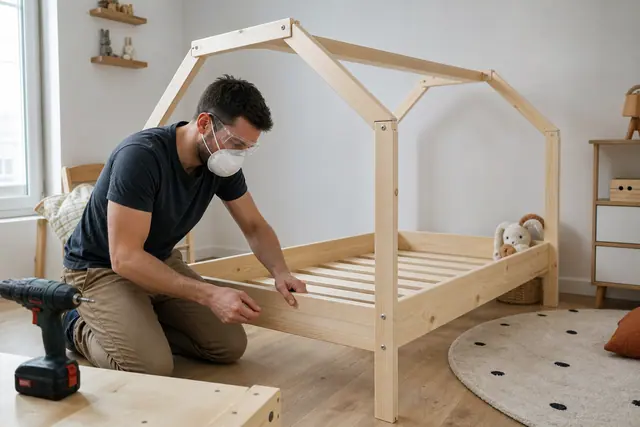 Lit cabane bas en bois clair monté dans une chambre d’enfant