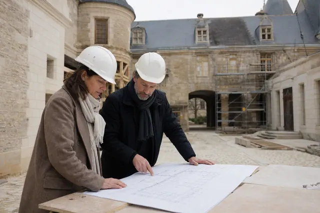 Propriétaire et architecte inspectant la restauration d’un château en pierre