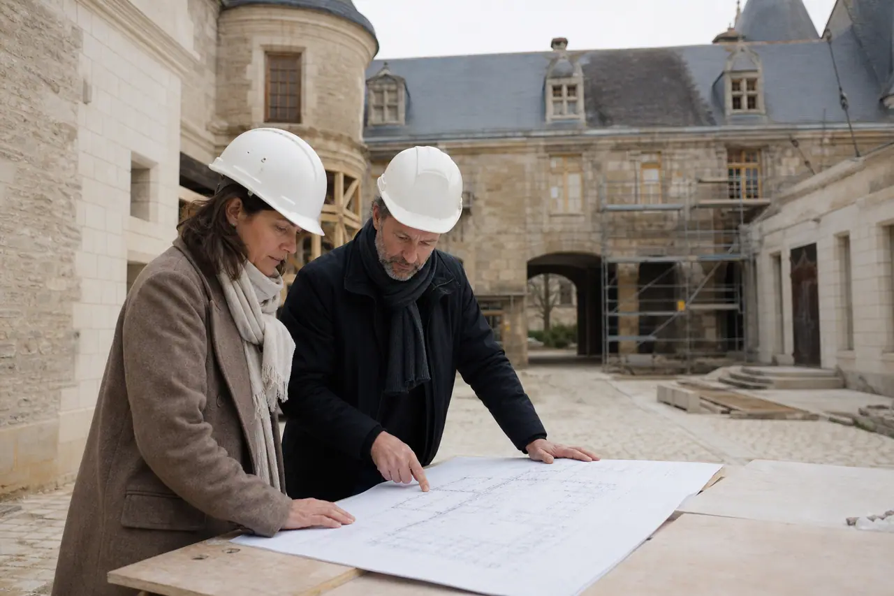 Propriétaire et architecte inspectant la restauration d’un château en pierre