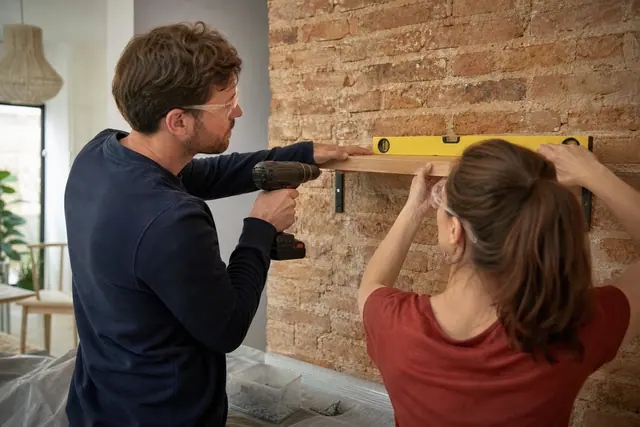 Deux voisins posent une étagère avec niveau et perceuse dans une entrée protégée.