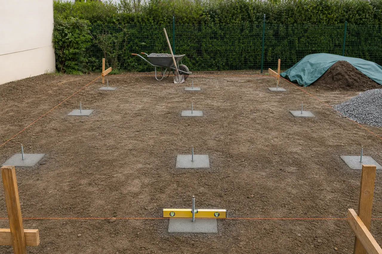Plots béton fraîchement coulés alignés au cordeau sur un terrain décapé de jardin