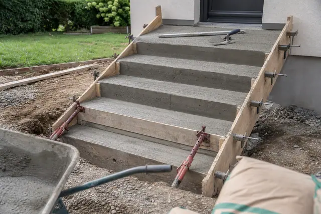 Escalier extérieur en béton fraîchement coulé avec coffrage bois et étais en place