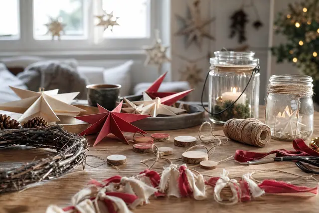 Table d’atelier avec étoiles en papier, bois, tissu et couronne naturelle