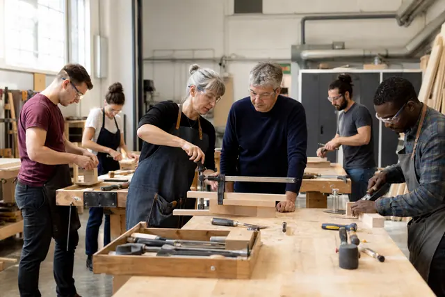 Participants encadrés réalisant un atelier bois dans un local associatif équipé.