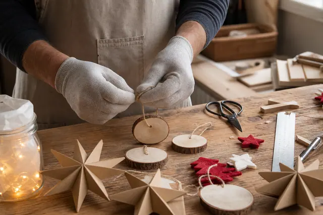 Créations de Noël en bois, papier et feutre sur une table d’atelier.